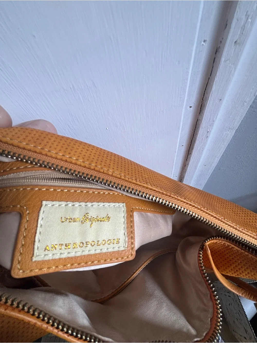 Anthropologie Mustard Tan Perforated Faux Leather Hobo Bag